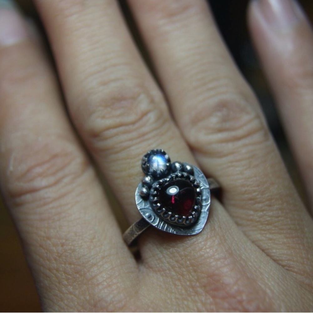 Hand Made Sacred Heart Garnet with Moonstone SterlingSilver Ring. Size 8
